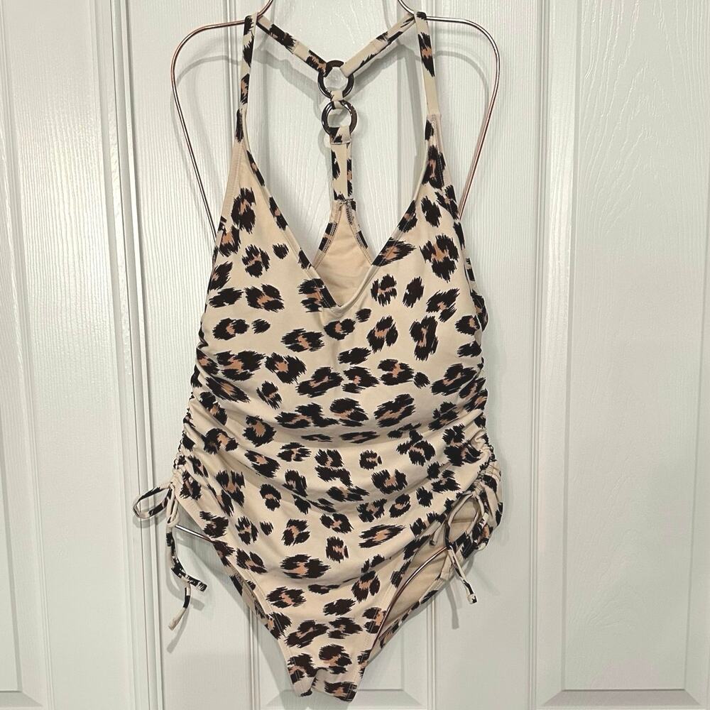 Kona Sol Leopard Print One Piece Swimsuit V-Neck Y-Back Rings Medium